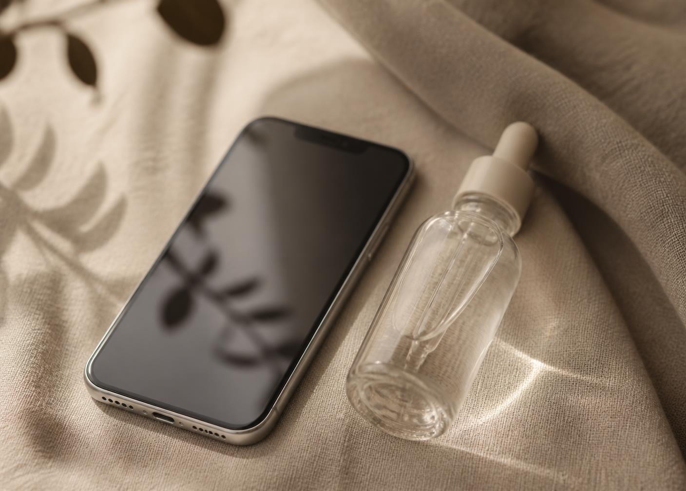 Smartphone beside a skincare bottle on natural linen
