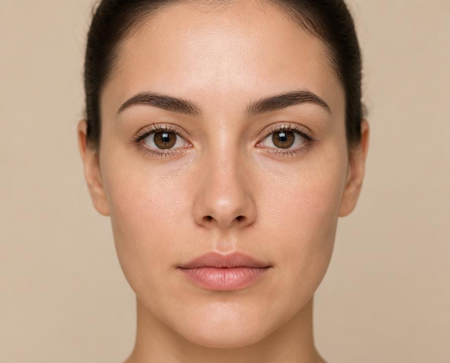 Front-facing portrait with AI facial landmark points mapped across the face